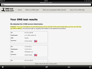 Onion Browser en iPad verificando contra dnsleaktest.com que la conexión a Tor es correcta
